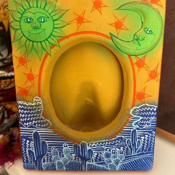Vtg Mexican Folk Art Pottery Picture Frame Sun Moon Celestial Face Green Blue - Picture 9 of 16